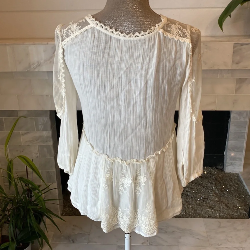 Free People Romance of the Rose Ivory Sheer Lacey Lace-Up Tunic Size XS